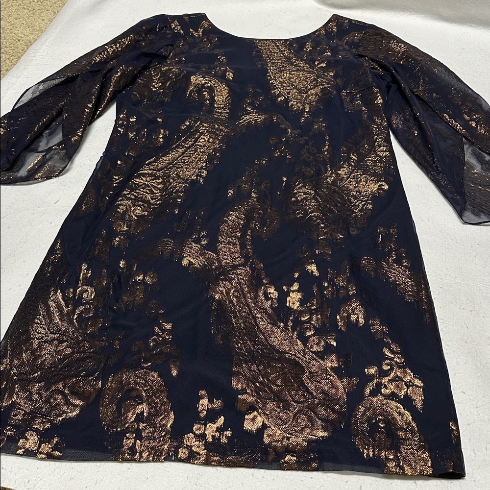 Leslie Fay Navy & Metallic Rose Gold Short Dress with split sleeves size 10